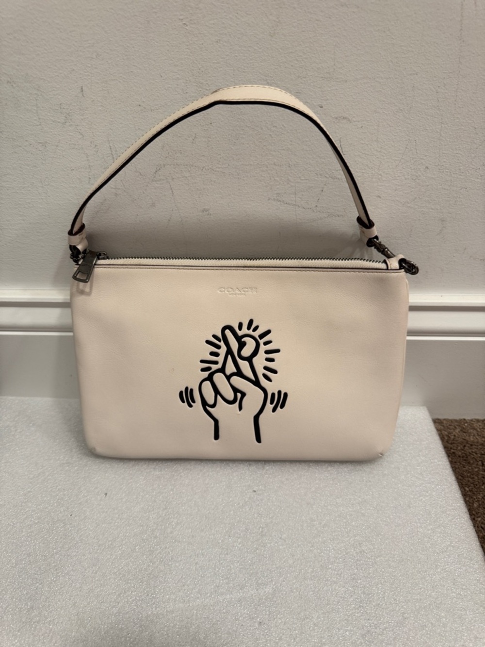 Coach x Keith Haring sample crossed fingers  Ivory Leather Shoulder Bag ltd Ed